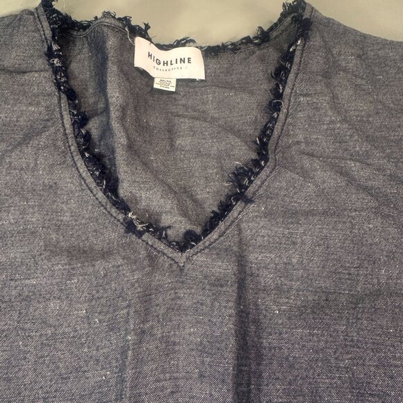 Highline Collective Denim Mini Dress Fringe Tassel Womens Short Sleeve Chambray - Picture 5 of 13